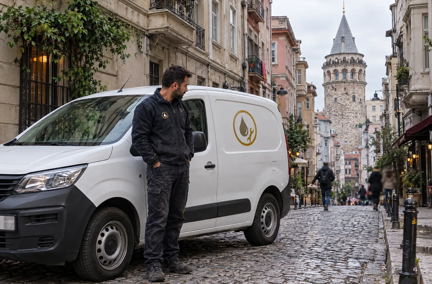 Arnavut kaldırımlı bir sokakta logolu beyaz servis aracı