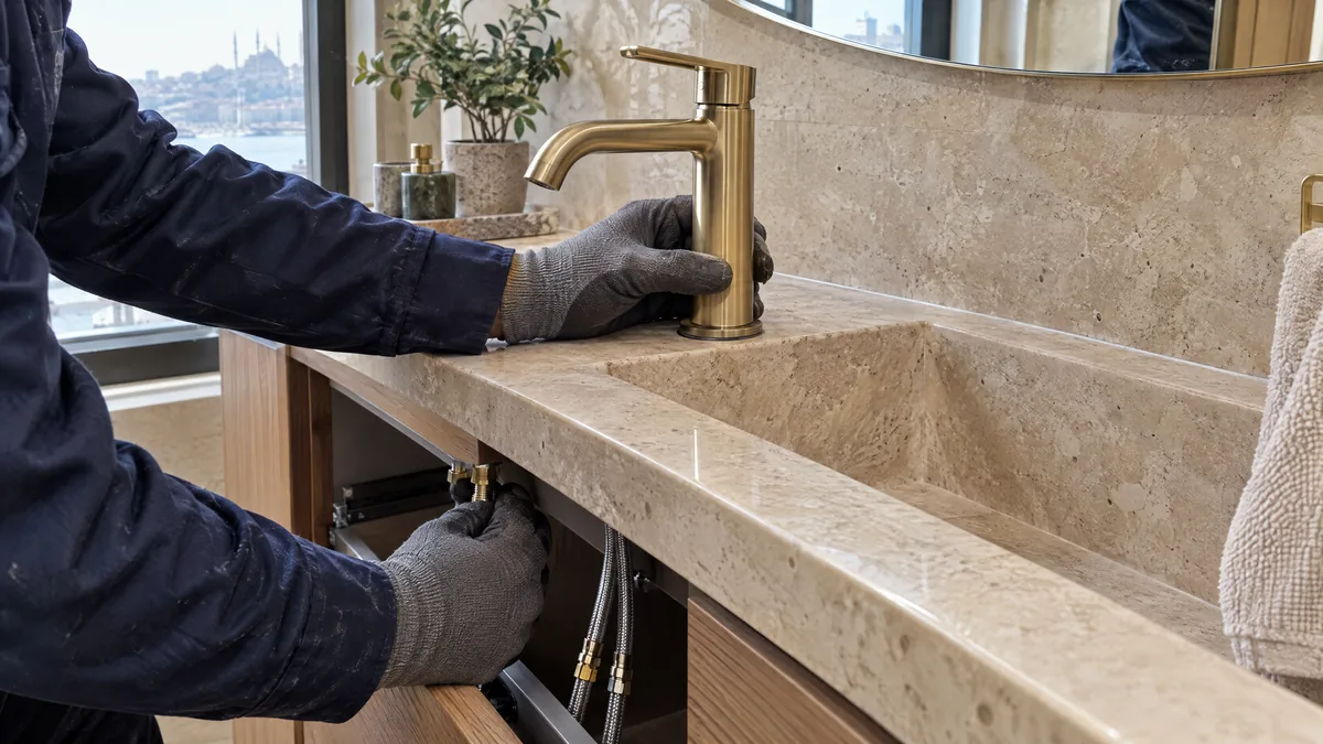 Taş tezgâha pirinç lavabo bataryası takılıyor