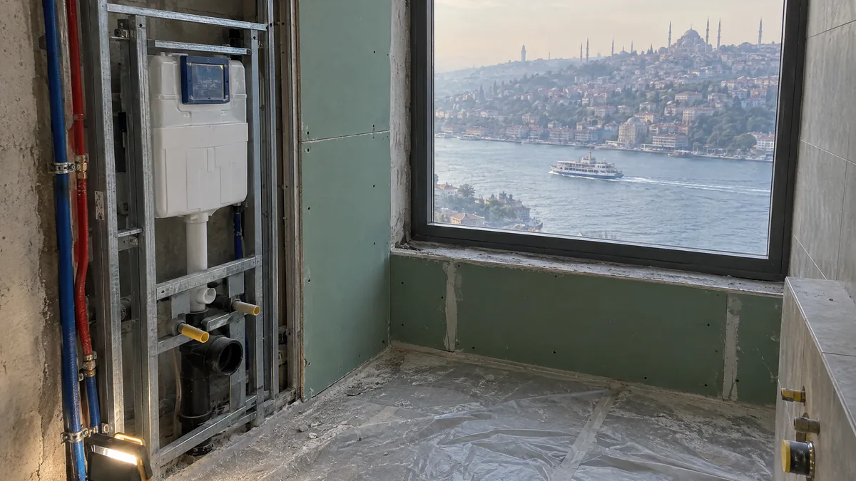 Fayans öncesi duvarda taşıyıcı karkas ve gömme rezervuar, pencerede Boğaz manzarası