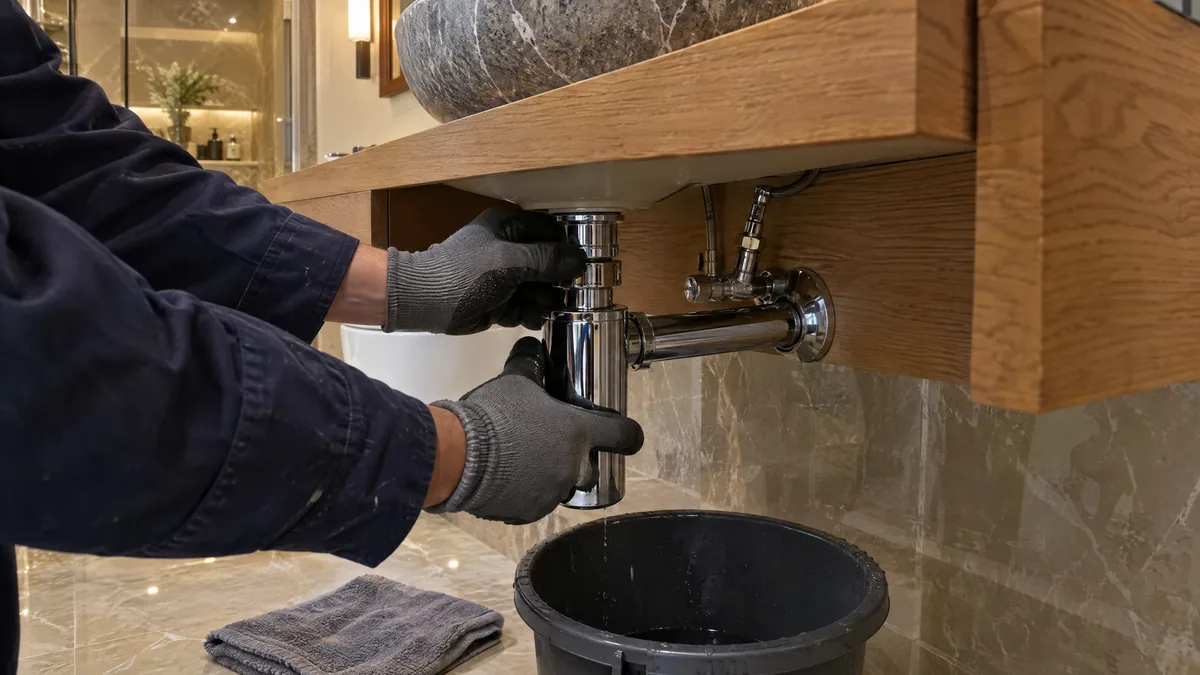 Ahşap dolap altında krom lavabo sifonu sökülüyor, altında kova duruyor