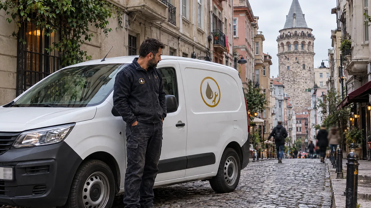 Arnavut kaldırımlı bir sokakta logolu beyaz servis aracı