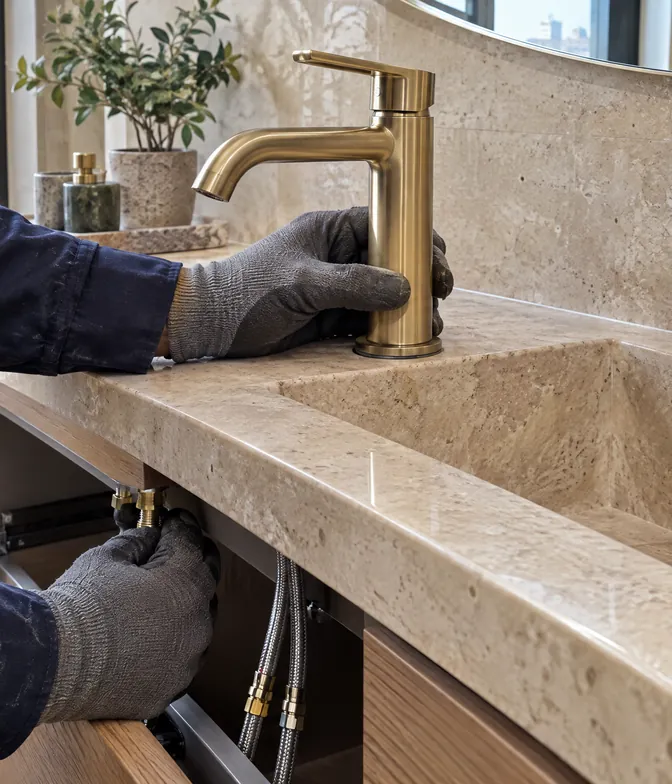 Taş tezgâha pirinç lavabo bataryası takılıyor