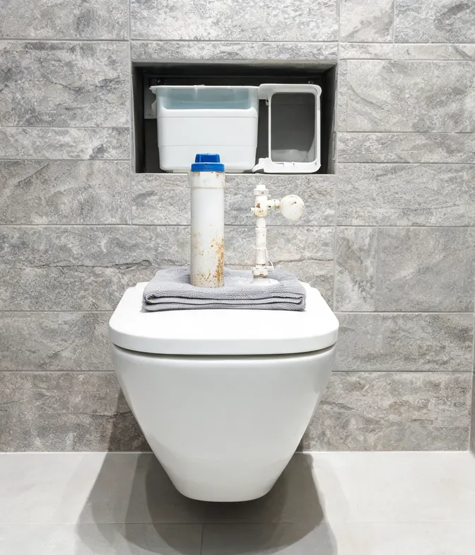 Servis açıklığından çıkarılmış doldurma ventili ve şamandıra, üstünde kireç izi
