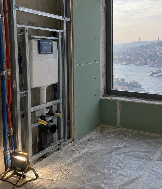 Fayans öncesi duvarda taşıyıcı karkas ve gömme rezervuar