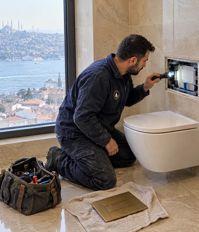 Bir usta, sökülmüş panelin arkasındaki servis açıklığına fenerle bakıyor
