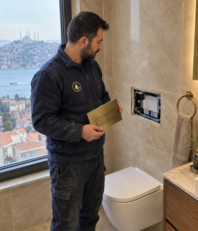 Elinde sökülmüş pirinç kumanda paneli tutan bir usta