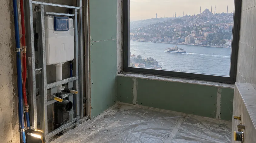 Fayans öncesi duvarda taşıyıcı karkas ve gömme rezervuar; pencerede Boğaz