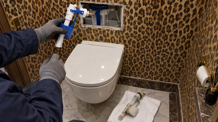 Leopar desenli duvar kâğıtlı misafir tuvaletinde servis açıklığından şamandıra değişimi
